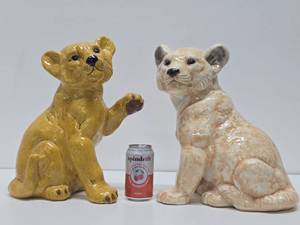 2 Vintage LARGE Ceramic Lion Cub Statues