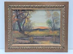 Very Nice Vintage Framed Signed Oil on Canvas Painting - Sunset in the Forest