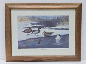 Framed Signed Numbered Print by Les Kouba - Mallards on Ice