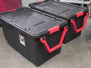 2 Large Heavy Duty Sterilite 40 Gallon Industrial Rolling Bins wHandles &amp Wheels