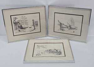 3 Framed Signed Nautical Theme Sketch Prints by Frank Lohan