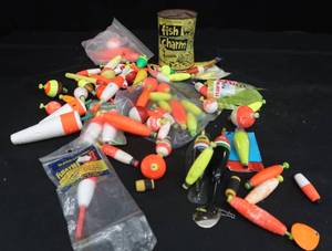 HUGE LOT OF VINTAGE BOBBERS AND CAN OF FISH CHARM