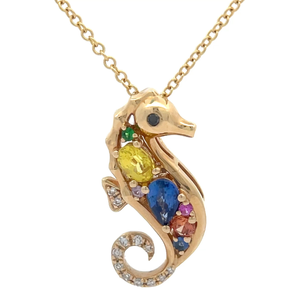0.71 Carat Multi-Sapphire & Natural Diamond Seahorse Pendant Necklace in 14k Gold Retail $3,124 VIDEO