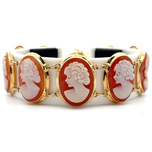 Estate Oval Cameo Portrait White Bangle Cuff Bracelet in 14k Yellow Gold VIDEO