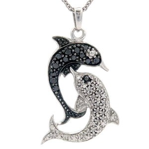Estate Pav Natural Fancy Black & White Diamond Jumping Dolphin Pendant Necklace VIDEO