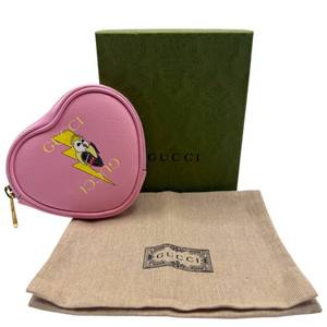 Gucci Pink Leather GG Lightning Cat Heart Coin Case  Box Pre-Owned Retail $630
