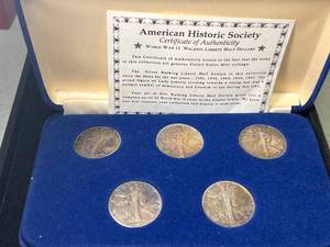AMERICAN HISTORIC SOCIETY COLLECTION 5 US WALKING LIBERTY HALF DOLLARS
