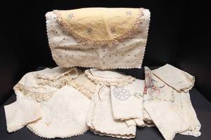 Lot of 11 Vintage Embroidered Linens  Hankies, Table Coverings & More