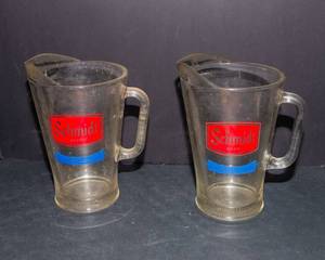 Set of 2 Vintage Schmidt Beer Glass Pitchers  Heavy Barware Collectibles
