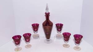 Vintage Cranberry Etched Glass Wine Decanter Set w Stopper & 6 Matching Goblets