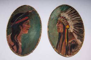 Set of 2 Vintage Native American Hand-Painted Oval Art Panels  Dated 1933