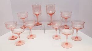 Set of Pink Depression Etched Glassware  8 Champagne Coupes & 2 Wine Glasses