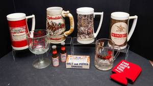 Budweiser Drinking Ware Lot  Mugs, Stein, Goblet & Salt & Pepper Set w Box