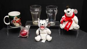 Coca-Cola Collectibles Lot  Plush Wolf & Polar Bear, Santa Mug, Glassware & Yo-Yo