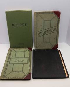Set of 4 Vintage Record Books  Records, DE Ledger, Cash Book & Blank Ledger