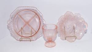 Pink Depression Glass Platters & Parfait Dish  Vintage Serving Set