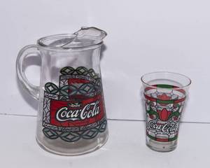 Tiffany-Style Coca-Cola Glass Pitcher & Coordinating Drinking Glass