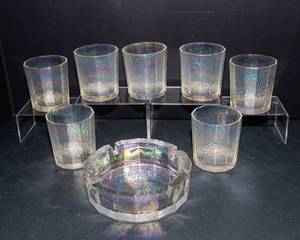 Vintage Iridescent Glass Ashtray & Lowball Glass Set