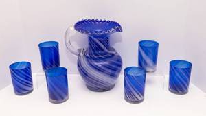 Blue Swirl Glass Pitcher Set  Ruffled Edge Pitcher with 6 Matching Glasses
