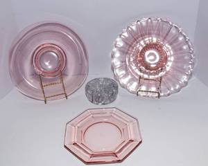 Pink Depression Glass Platters  Clear Glass Flower Frog