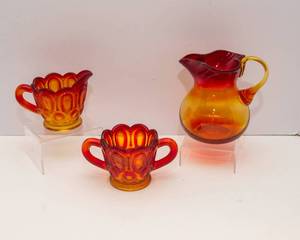 Vintage L.E. Smith Sun & Moon Creamer & Sugar Set  Amberina Pitcher (1960s MCM)
