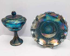 Vintage Carnival Glass Grape Harvest Wedding Bowl w Lid  Blue Ruffle Hostess Plate