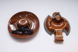 1950s Ceramic Ashtray Set  Native Figure & Cowboy Hat Ashtray