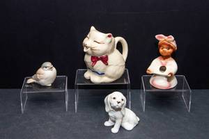 Set of 4 Vintage Ceramic Figurines  Puss n Boots Pitcher, Homco Bird, Pie Bird & Dog