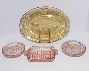 Pink Depression Glass Set  Amber Glass Platter
