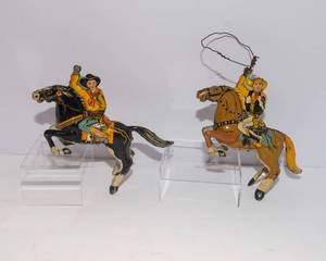 Set of 2 Vintage Marx Wind-Up Cowboy Horse Tin Toys  Moving Lasso Action