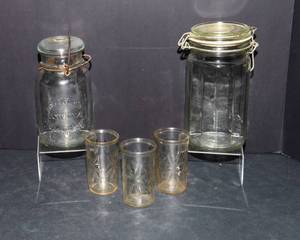 Vintage Glass Jar & Juice Cup Lot  Deckers Iowana 1908 Patent Jar