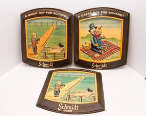 Set of 3 Vintage 1970s Schmidt Beer Scarecrow Signs  A Great Day for a Schmidt