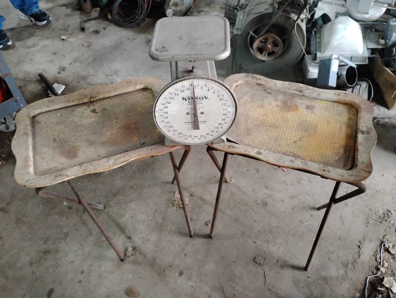 Two Vintage metal tables and Scale
