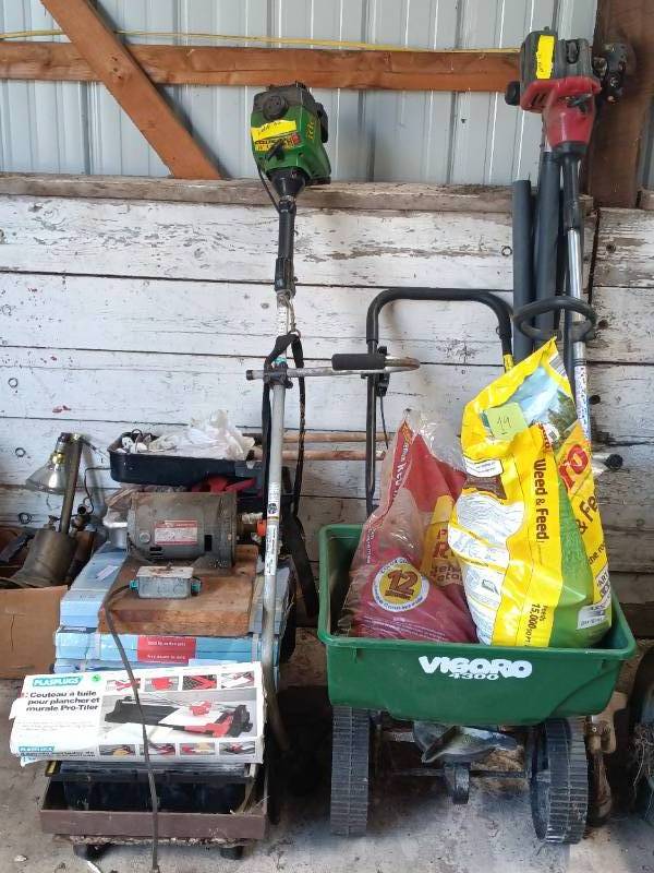 2 weedwhips, grass spreader and weed and feed