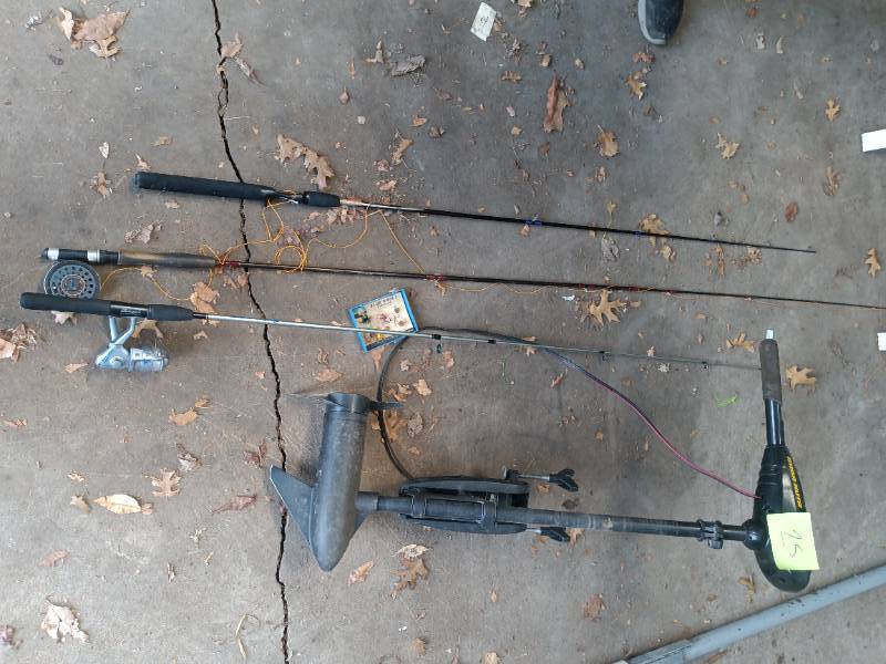 3 fishing rods and tolling motor