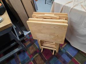 Set of 4 Folding Wood TV Tray Tables w Storage Rack Natural Finish