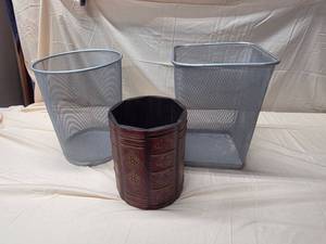 3-Piece Wastebasket Lot Mesh Metal & Faux Book Desk Bins Good