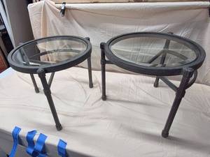 Pair of Round Metal Glass Top End Side Tables Dark Finish Good