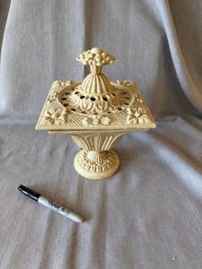 Hen-Feathers Cast Iron Lidded Urn Ivory Floral Pierced Decor VG