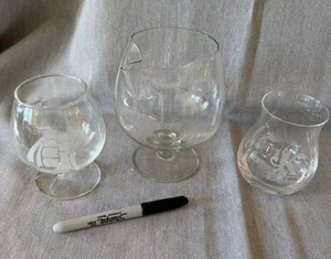 3 Pc Mixed Bar Glassware Lot Etched Snifter Pitcher Tumbler Good