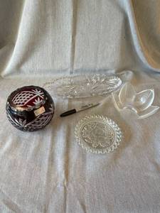 4pc Decorative Glass Lot Godinger Ruby Crystal Bowl Relish Dish