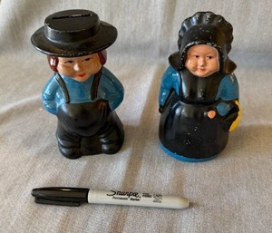 Vintage Cast Iron Amish Boy & Girl Figural Coin Bank Pair Painted