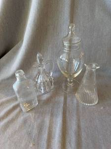 Vintage Clear Glass Bottle Jar Decanter Vanity Lot of 4 Assorted Pieces