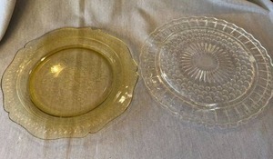 Vintage Pressed Glass Pedestal Plate & Amber Decorative Plate Lot