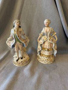 Pair Porcelain Colonial Gentleman Lady Figurines 7 in Floral Gilt