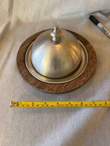 Vintage Pewter Lidded Butter Dish Web Pattern 1180 Wood Base