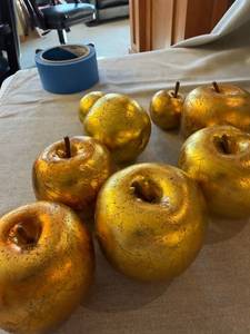 Set of 9 Gold Foil Decorative Apples Mixed Sizes Centerpiece Decor