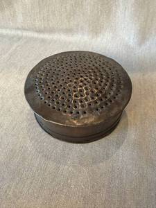 Vintage Pierced Metal Potpourri Holder Round Lidded Box 6in Dark Patina