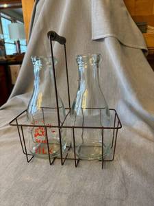 Vintage Wire Milk Bottle Carrier w 2 Glass Bottles Wood Handle Good