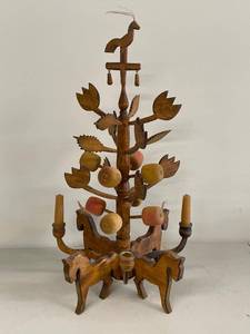 Handcrafted Folk Art Wooden Fruit Tree Candle Holder Centerpiece Horse Base